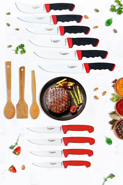 LAZBİSA Soft Grip Serie - Kitchen Knife and Montessev Wooden Spoon Set (13 Pieces)