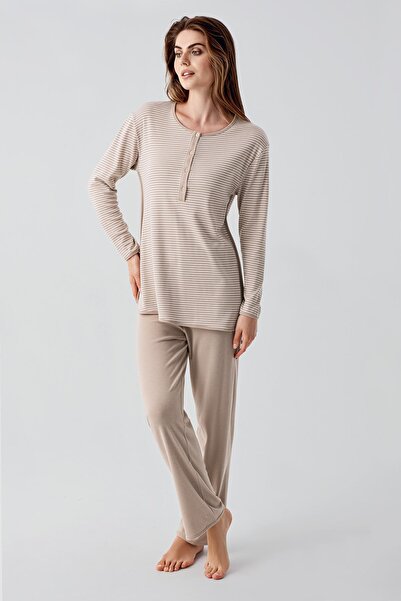 Artış Long Sleeve Buttoned Stretchy Ribbed Viscous Maternity Pajamas Set