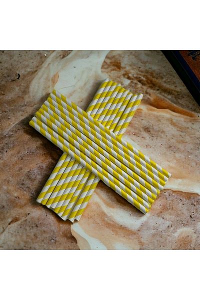 Krm Ambalaj 6*20 cm Yellow White Striped Paper Straws, 25 Pieces