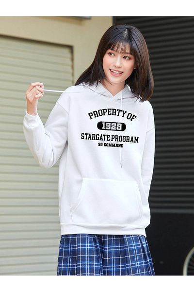aynewmoda Propeaty of 1928 Printed White Oversize Hooded Sweatshirt