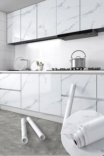 SARFEX Marble Patterned White Foil Coating 5 Meter Countertop Cabinet Kitchen Paper Adhesive