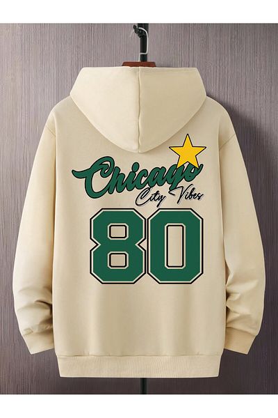 aynewmoda Φούτερ Yifes με Εκτύπωση Εκρού Oversize με Κουκούλα - Chicago City