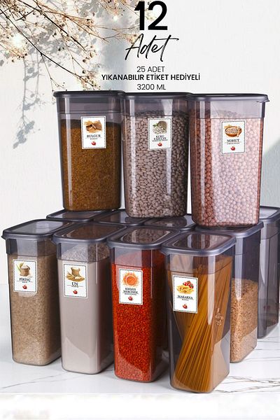 Kitchen Life Set of 12 Mega Size Labeled Rectangular Food Storage Container 3200ml Tea Candy Storage Container 3.2 Liters