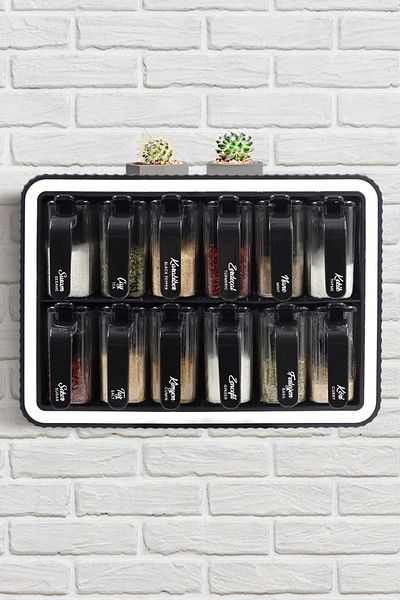 Kitchen Life 12-Piece Striped Spice Bowl Set with Handles and Lid - with Stand and Adhesive