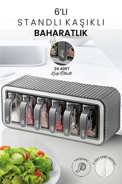 Kitchen Life Suport pentru condimente cu 6 mânere - Set cu capac adeziv și lingură