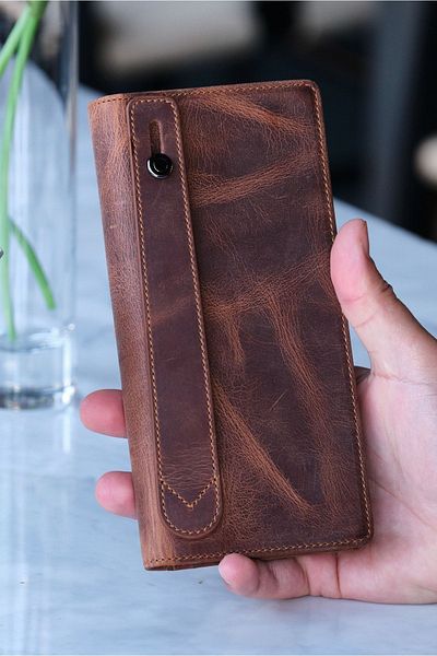 Louise Motto Portofel lung unisex din piele naturală Alba Taba - Compartiment pentru telefon, magnet și bandă de mână