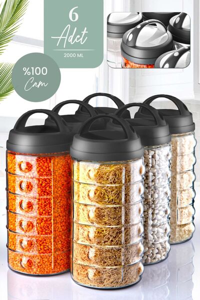 Kitchen Life 6 Adet Büyük Boy CAM Boncuklu Kavanoz Seti 2000 ML - Taşıma Kulp...