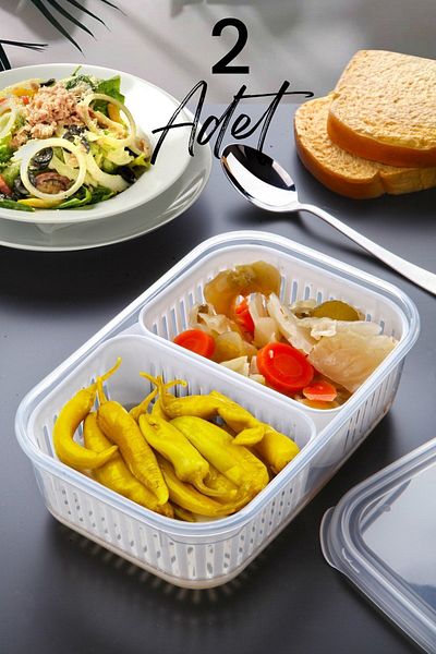 Kitchen Life 2 Pieces 2 Compartments with Strainer Pickle Food Dinner Fruit Vegetable Storage Container Set Frozen Food Organizer