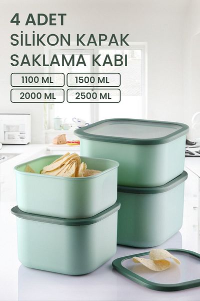 Kitchen Life 4-Piece Silicone Lid Leak-Proof Storage Container Set - 1100 - 1500 - 2000 - 2500 ml