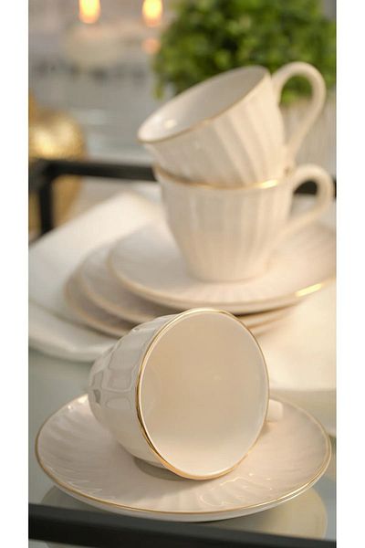 Kitchen Life 12 Pieces Simple Rose Striped and Gold Gilt Coffee Cup Set for 6 People - Coffee Cup Set