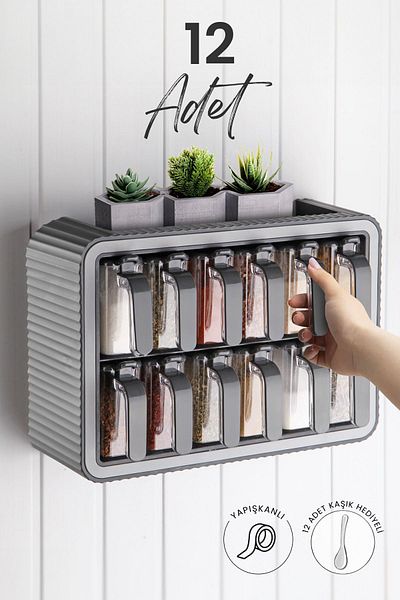 Kitchen Life 12-Piece Self-Adhesive Spice Bowl Set with Lid and Spoon - Spice Bowl Stand with Handles