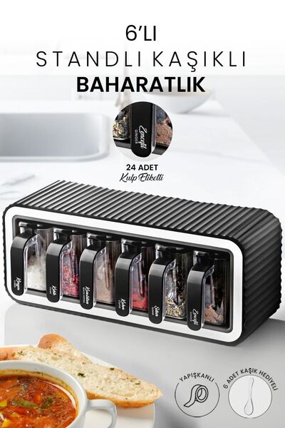 Kitchen Life Suport pentru condimente cu 6 mânere - Set cu capac adeziv și lingură