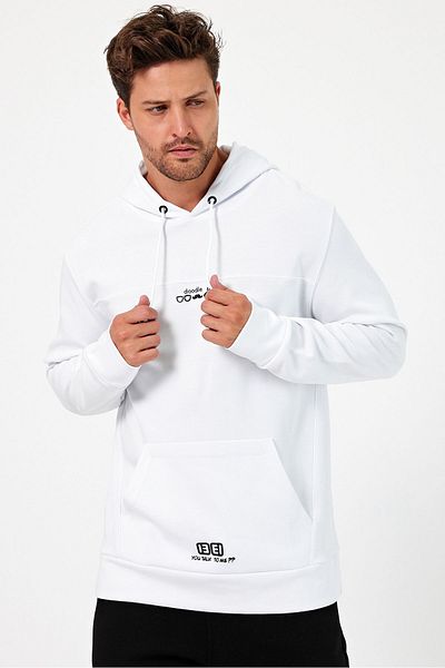 CLIPMAN White Men's Printed Sweatshirt - Regular Fit, Hooded, 2 Thread