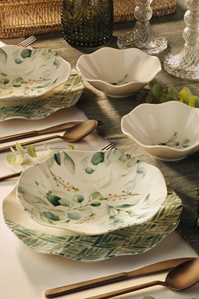 Kitchen Life Nesrin Blue Leafed 18 Parça 6 Kişilik Porselen Yemek Takımı , Ço...