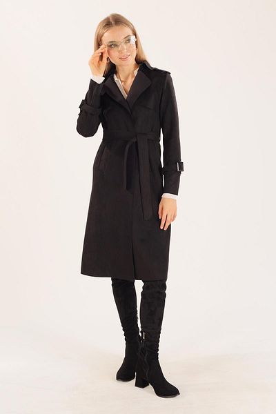 Rays 7275A Model - Black Suede Trench Coat with Waist Ties