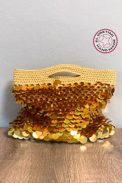 Uretti Rukiye 7294 - Жълта чанта с макраме и въже, 24 см, ръчно изработена с пайети