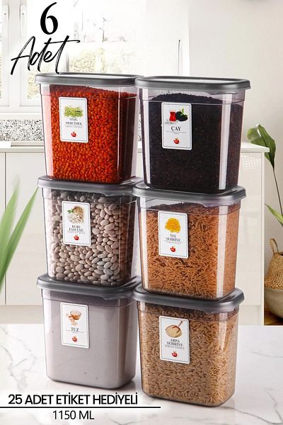 NESS HOME Set of 6 Labeled Moly Rectangular Food Storage Containers 1150ml - Spice Rack