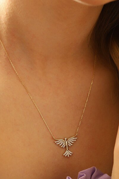 MOOM MÜCEVHERAT 14 Ayar Altın Kolye Zümrütü Anka Kuşu Altın Kolye