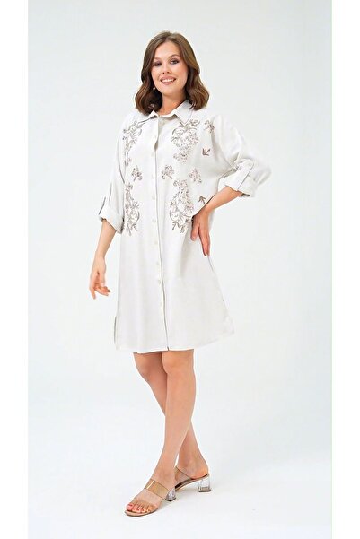 MVStore Linen Oversize Patterned Embroidered Long Shirt Dress