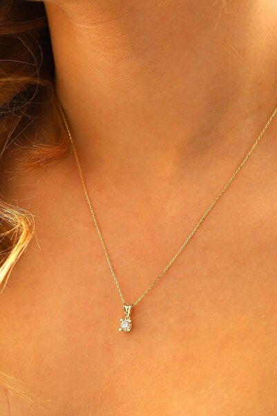 MOOM MÜCEVHERAT 14 Ayar Altın Kolye Pırlanta Montürlü Tek Taş Zirkon Taşlı Al...