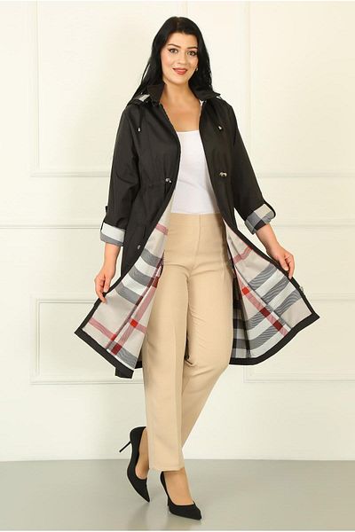 By Alba Collection Γυναικεία Μαύρη Μακριά Καρό Λεπτομέρεια Καμπαρντίνα Plus Size