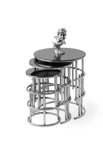 Evistro Yuvarlak Cam Zigon Sehpa 3 lü AFR Krom Kaplama Füme Cam