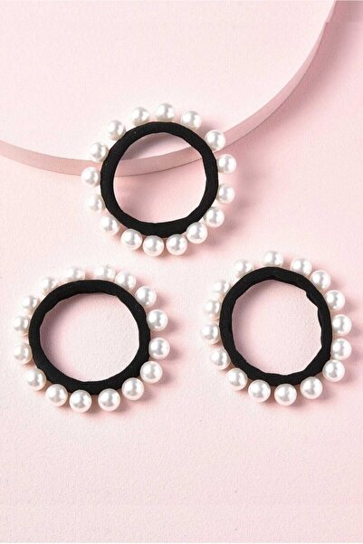 C&E Design Kadın 3'lü Krem Incili Lastik Toka Seti