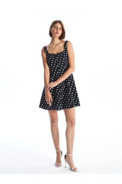 LC Waikiki Lcw Vision Poplin Women's Dress - Black Print, Square Collar and Polka Dot