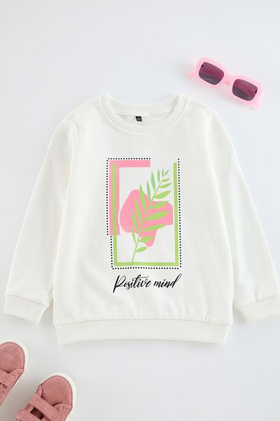 TRENDYOLKIDS Dívčí bavlněná mikina Ecru Crew Crew s potiskem - Tkdaw25Sw00043