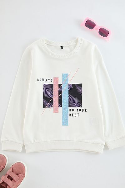 TRENDYOLKIDS Bavlněná mikina Ecru*002 s dívčím výstřihem a výstřihem - Tkdaw25Sw00043
