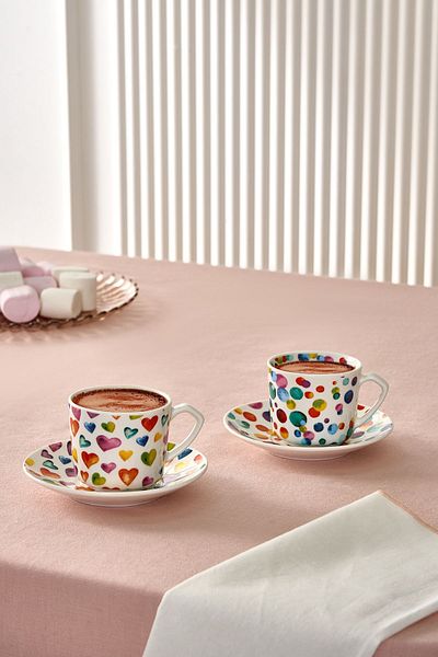 Karaca White Love 2-Person - Round and Heart 80 ml Coffee Cup