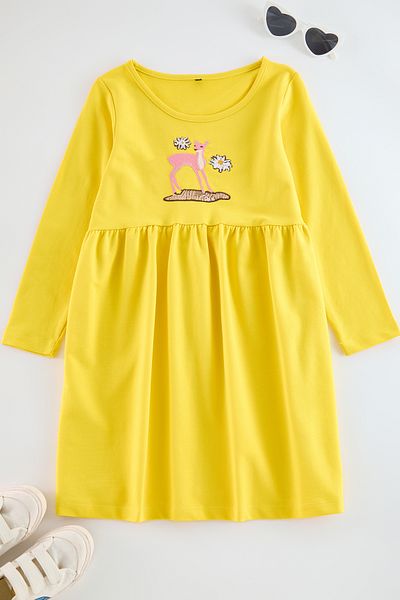 TRENDYOLKIDS Βαμβακερό μίντι πλεκτό φόρεμα - κίτρινο, εμπριμέ, TKDAW25EL00008