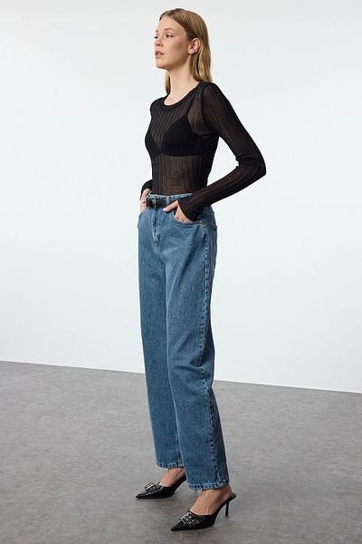 Trendyol Collection Blugi largi Skater albaștri cu talie înaltă - Durabil TWOAW25JE00145