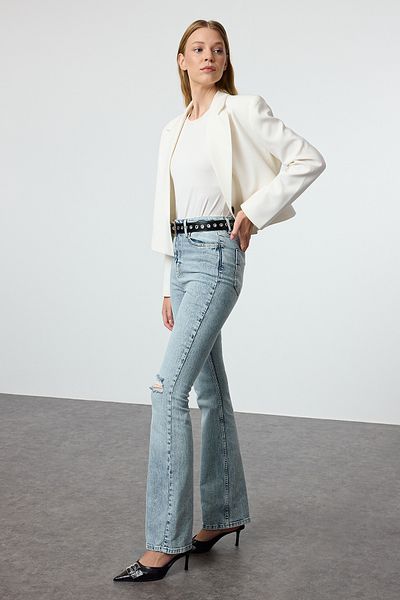 Trendyol Collection Blugi evazați cu talie înaltă cu detaliu rupt albastru TWOAW25JE00163