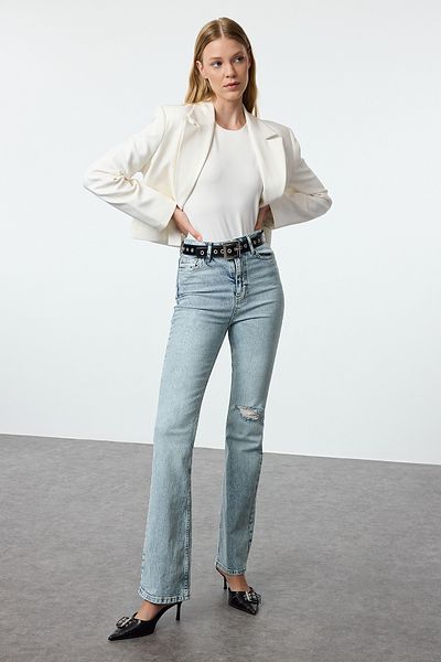 Trendyol Collection Blugi evazați cu talie înaltă cu detaliu rupt albastru TWOAW25JE00163