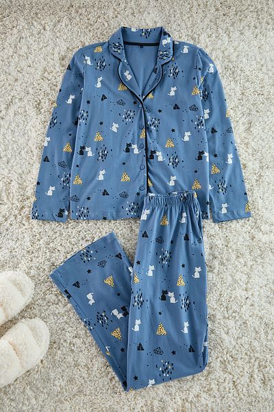 Trendyol Collection Set pijamale tricotate cu model 100% bumbac albastru THMAW21PT0084