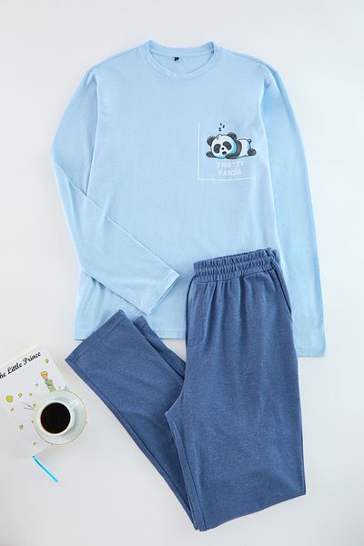 Trendyol Collection Set de pijamale cu imprimeu indigo pentru bărbați - Regular Fit TMNAW22PT0757