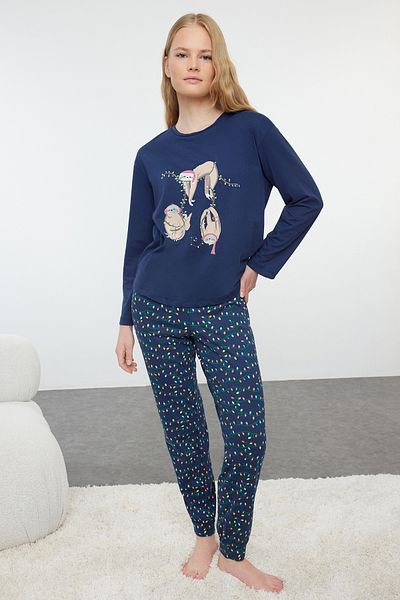 Trendyol Collection Nachtwäscheset aus Strick mit Noiva-Motiv, Marineblau – 100 % Baumwolle, Thmaw25pt00116