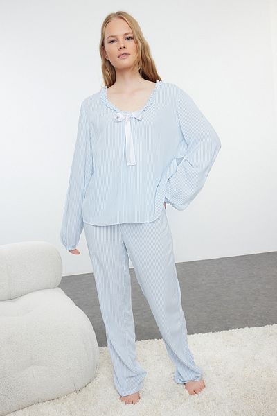 Trendyol Collection Light Blue Striped Frill and Ribbon Detailed Pajamas Set - Thmaw25pt00094