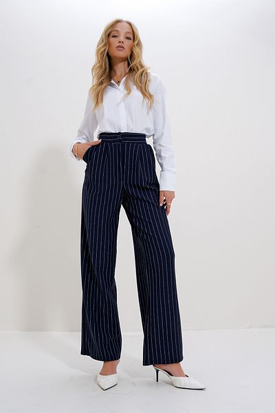 Trend Alaçatı Stili Marineblau gestreifte Palazzo-Damenhose – Doppeltaschen Alc-X12662