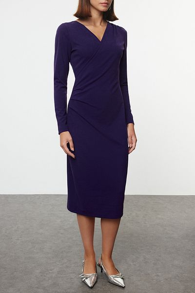 Trendyol Collection Μακρυμάνικο Gather Λεπτομερές PurpleMidiPnitted φόρεμα - Διπλό στήθος γιακά, εφαρμογή σώματος Twoaw24el00826