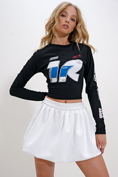 Trend Alaçatı Stili Black Crew Neck Printed Long Sleeve Women's Blouse - Alc-X12707