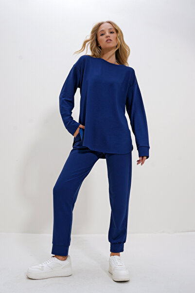 Trend Alaçatı Stili Marineblaues, weich strukturiertes Modal-Trainingsanzug-Set für Damen – Rundhalsausschnitt, seitliche Schlitze, Alc-X12677