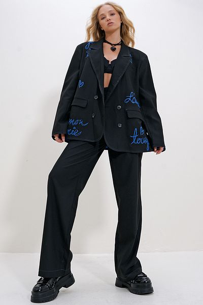 Trend Alaçatı Stili Black Women's Pants and Jacket Set - Double Pockets, Alc-X12608
