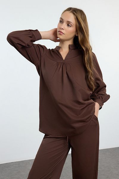 Trendyol Modest Dark Brown Poplin Belted Bottom-Top Suit Tctaw25Us00082