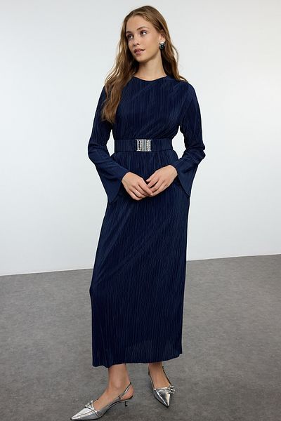 Trendyol Modest Kötött rakott ruha - sötétkék, övrészlet, TCTSS24EB00154