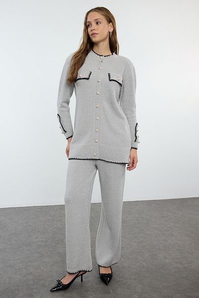 Trendyol Modest Soft Textured Gray Knitwear Towel and Top Set - Piping TCTAW25US00037