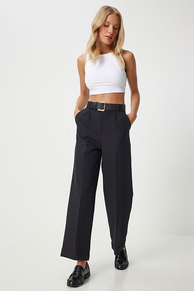 Happiness İstanbul Schwarze Damen-Webhose – bequemes, weites Bein FN03365