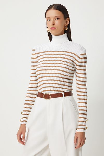 Happiness İstanbul Ecru Turtleneck Striped Women's Knitwear Sweater - Seasonal Fn03358