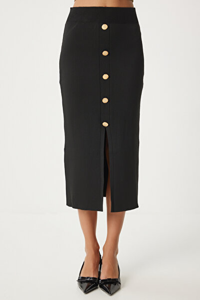 Happiness İstanbul Černá úpletová sukně - Detail na knoflík a rozpark Fn03359